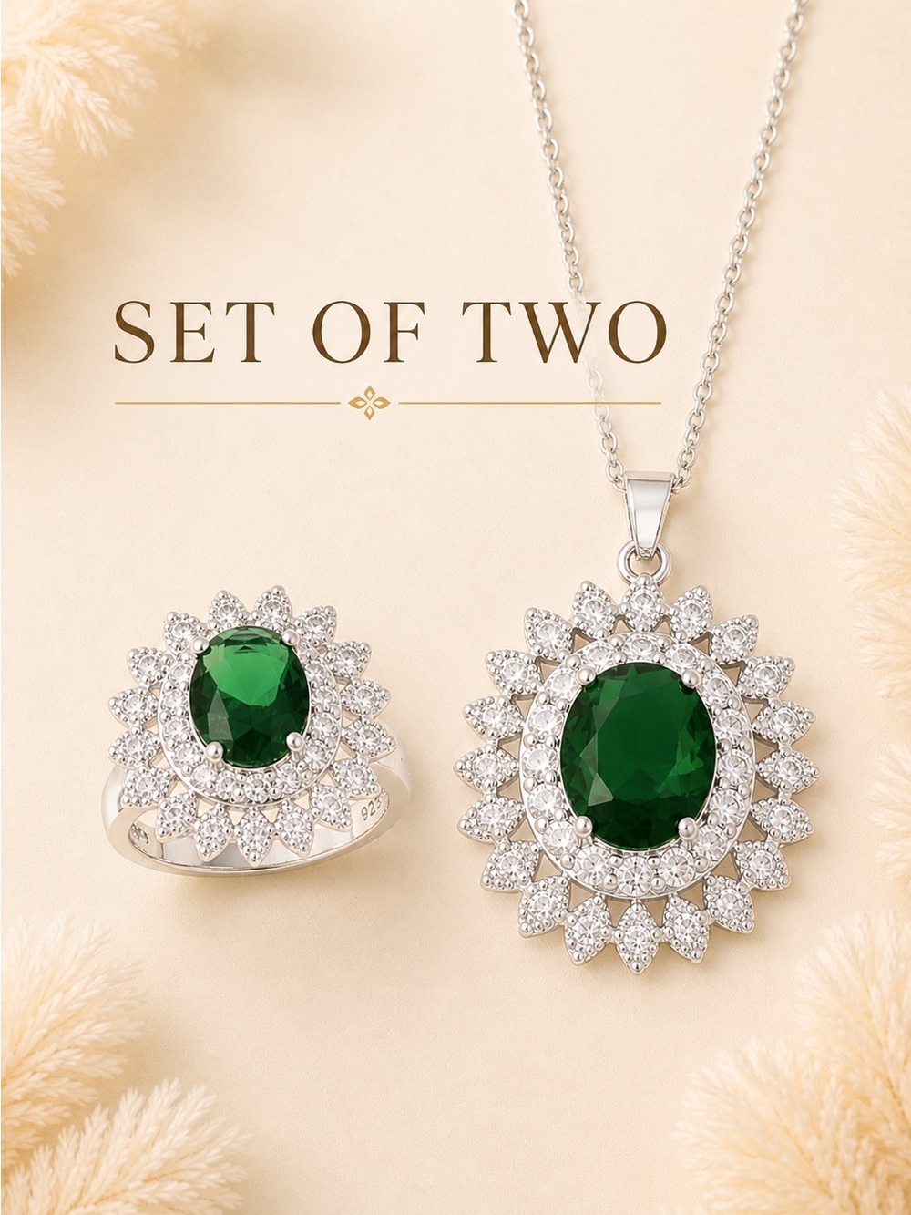 Emerald & White CZ Ring + Pendant Necklace Set (19.5”) – Silvertone | 5.00 ctw